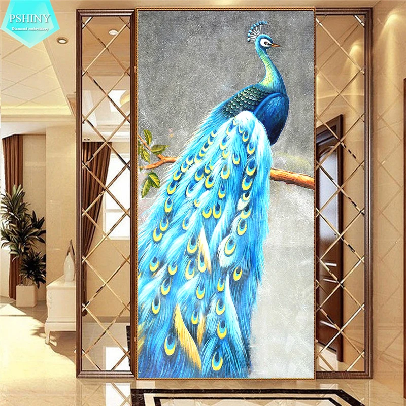 

PSHINY 5D DIY Diamond embroidery sale Blue Peacock decor Picture Full Square Rhinestones Diamond Painting cross stich