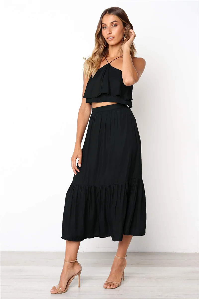 

Elegant Women 2 Piece Set Sexy Halter Neck Cascading Ruffle Tops Sleeveless Draped Navel Clothes Casual Beach 2019 Women Clothes