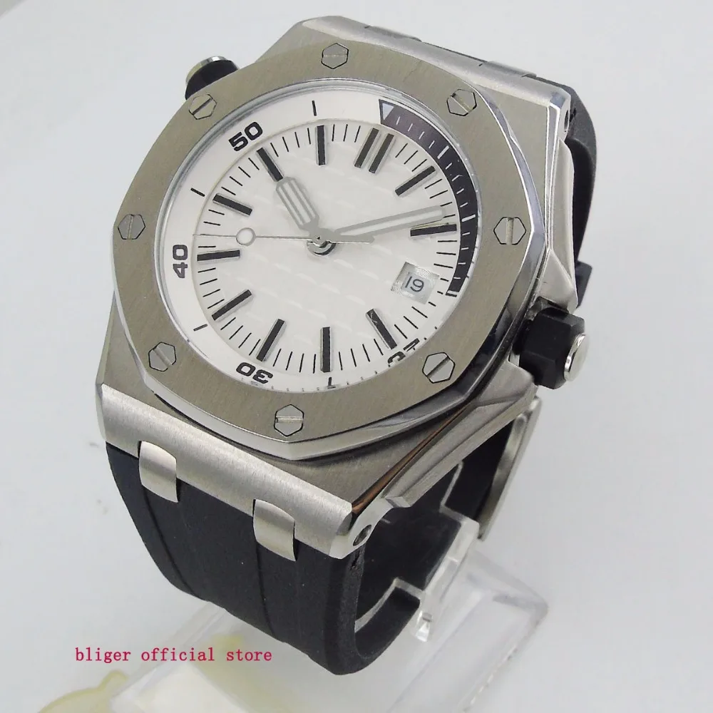 

Fashional 43mm Big Face White Dial Men's Watch Date Window Automatic Movement Multifuntion Wristwatch Rubber Strap