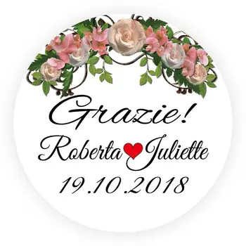 

DouxArt 100pcs Stickers Personalized Wedding Favors Grazie, 40 MM Flowers Marriage Baptism Communion Invitation Labels V682