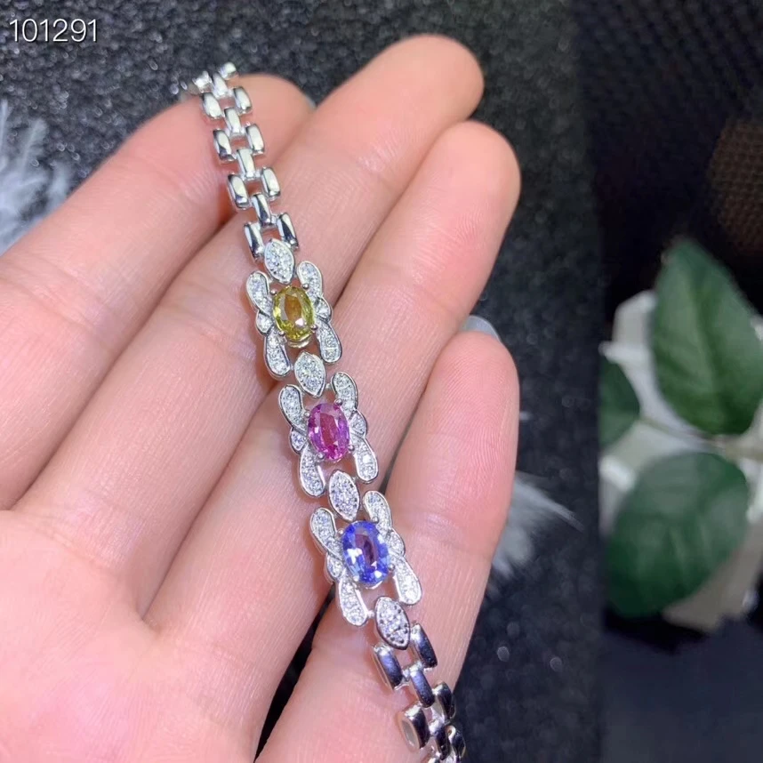 Bracelet en saphir naturel multicolore Bracelet en pierres précieuses naturelles bracelet en argent