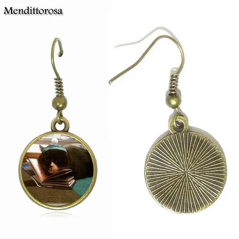 Винтажные модные стеклянные серьги Крючки Mendittorosa в виде книги и кота