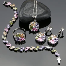 Невесты 925 пробы серебряные Ювелирные наборы для женщин цветок с разноцветным кубическим цирконием ожерелье/кольцо/серьги/браслет/кулон