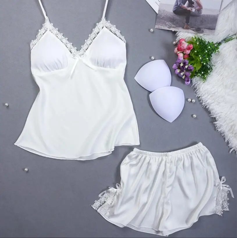 VLENATLNO женский сексуальный Шелковый Атласный пижамный комплект без рукавов Пижама с v-образным вырезом Комплект для сна Пижама с кружевами комплект летняя Пижама для женщин - Цвет: White
