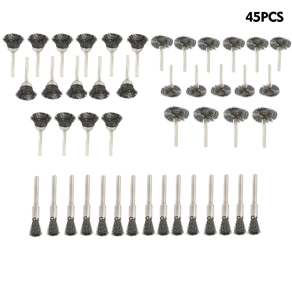 45pcs Mix Brush Set Steel Wire Wheel Brushes Stainless Steel Wire Cup Brush Fits Rotary Tool