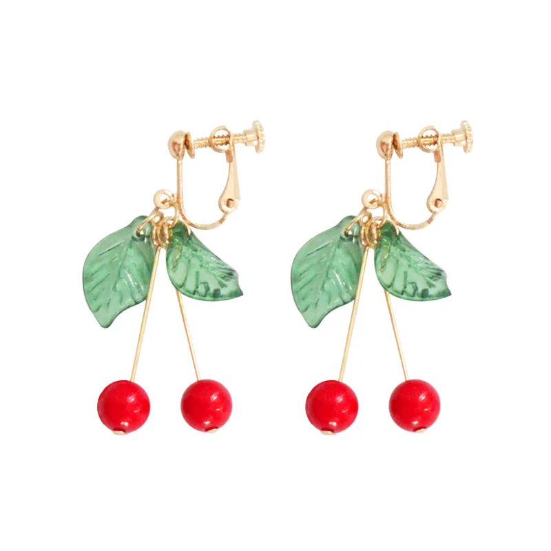 

Japanese Acrylic Green Leaf Red Beads Fruit Earrings No Hole Resin Red Cherry Clip Earrings without Piercing For Women Girls