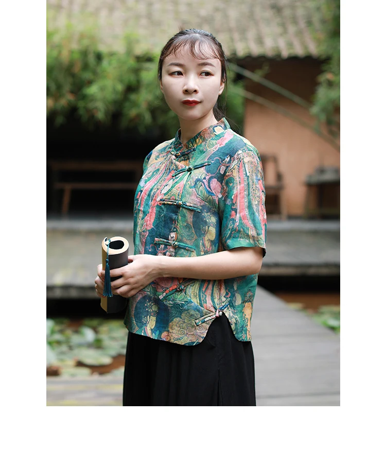 LZJN Summer Blouses Women 2019 Short Sleeve Chinese Style Women Shirts Short Buddha Printed Cheongsam Zen Tops (12)