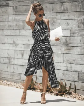 

2019 Summer Dress Women New Fashion Halter Polka Dot Print Casual Dress Ladies Ruffles Elegant Dress Beach sundress plus size 3X