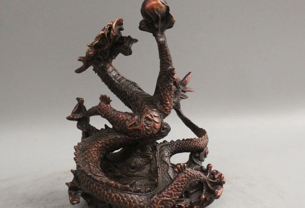 

8" Chinese Folk Feng Shui Bronze Zodiac Year Dragon Play Bead Statue Sculpture
