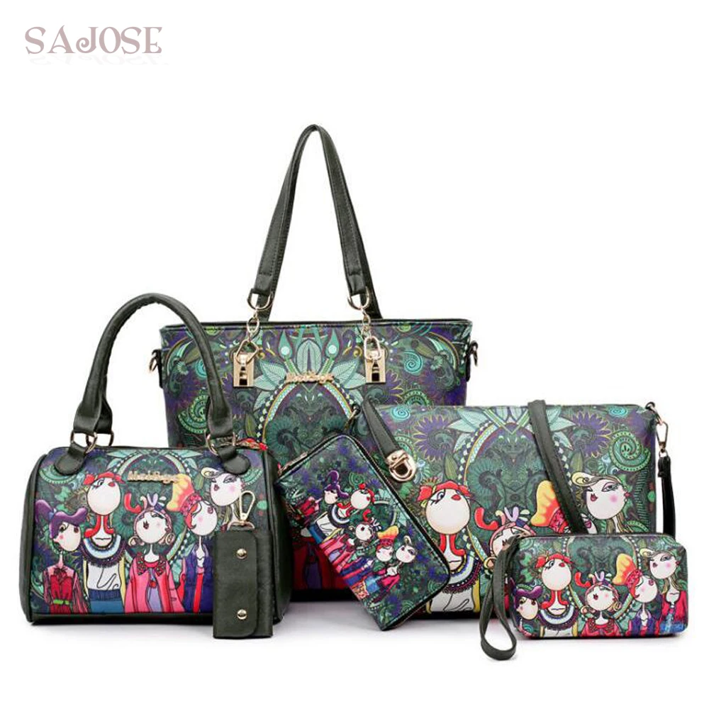 Bolsa de Couro Moda dos Desenhos Bolsa de Ombro Bolsas Compostos Femininos Senhoras Caráter Verde Animados Floresta Casual Tote Chave 6 pc – Set