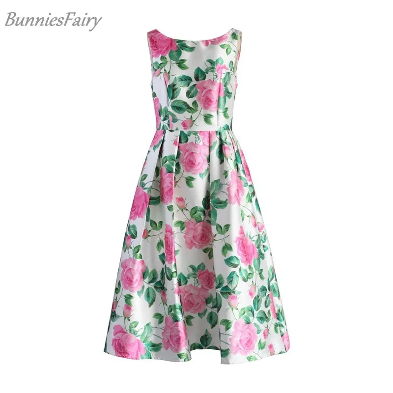 

BunniesFairy 2018 Autumn New Celebrity-inspired Women Vintage Retro Pink Rose Green Leaves Flower Floral Print Vest Dress O-Neck