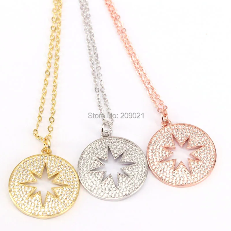 

8Pcs New Fashion Micro Pave White CZ Hollow Star Charm Round Pendant Necklaces For Women