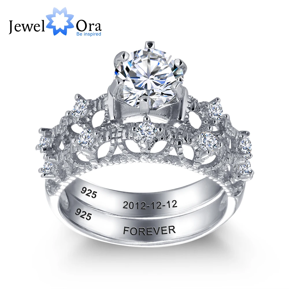 

Personalized Engrave Wedding Ring Bridal Sets 925 Sterling Silver Round Rings For Women (JewelOra RI101897)