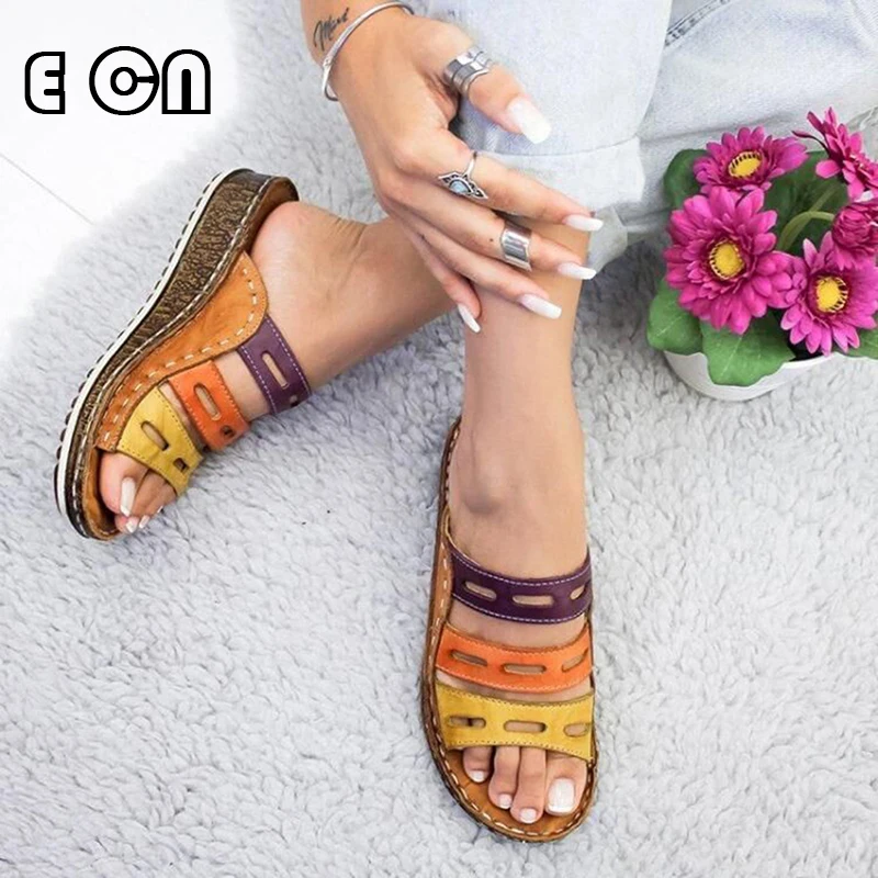 

Wedge Heel Slipper 2019 Summer Women Lady Retro Stitching ColorCasual Low Beach Open Peep Toe Sandals 3 colors Shoes Slides