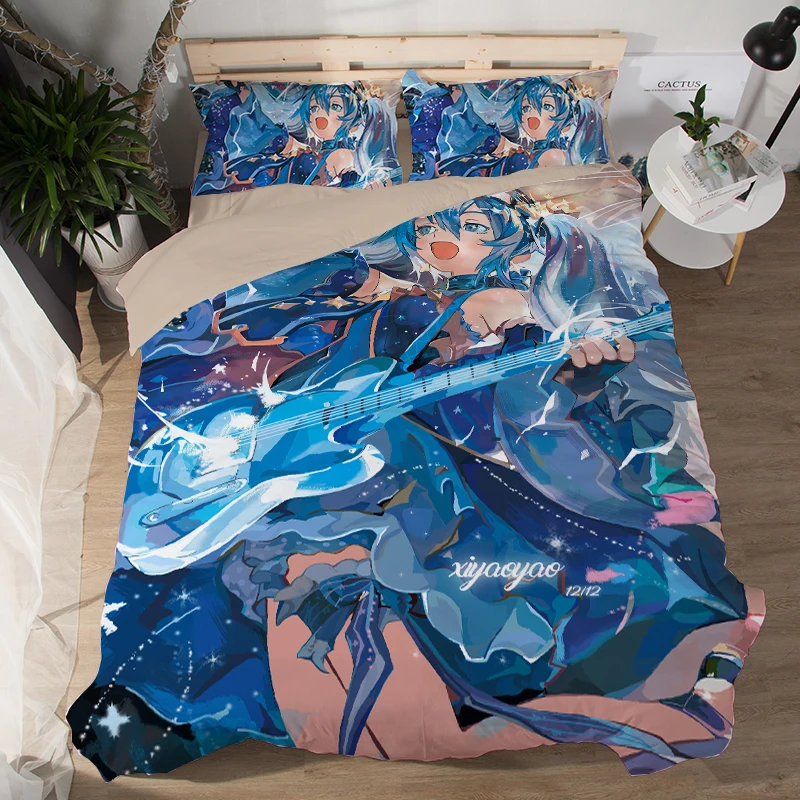 Japanese Anime Magical Mirai Hatsune Miku Bedding Set Bedcover Pillow Case 3/4PCS girls duvet cover sets cartoon blue bedclothes