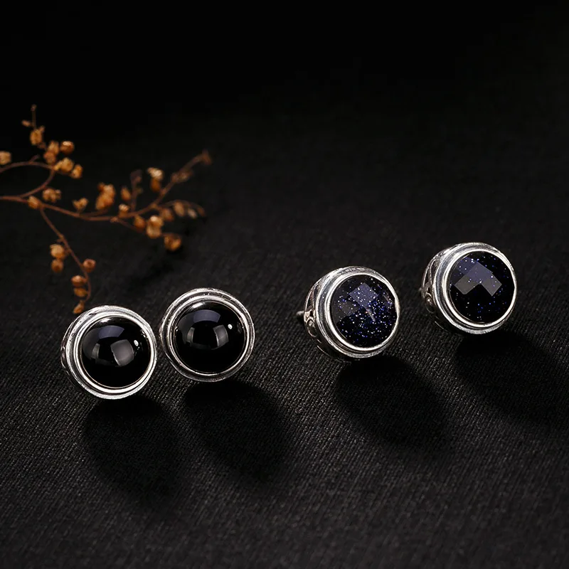 

pure 925silver black agate blue sandstone Thai silver restoring ancient ways ms personality joker stud earrings earrings