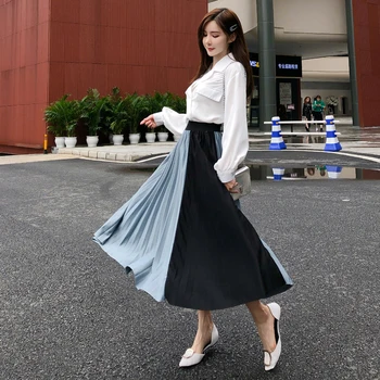 

2020 New Spring Summer Women Pleated Skirts Fashion Brand Hit Color Skirts High Waist Women Midi Skirt Faldas Mujer Saias
