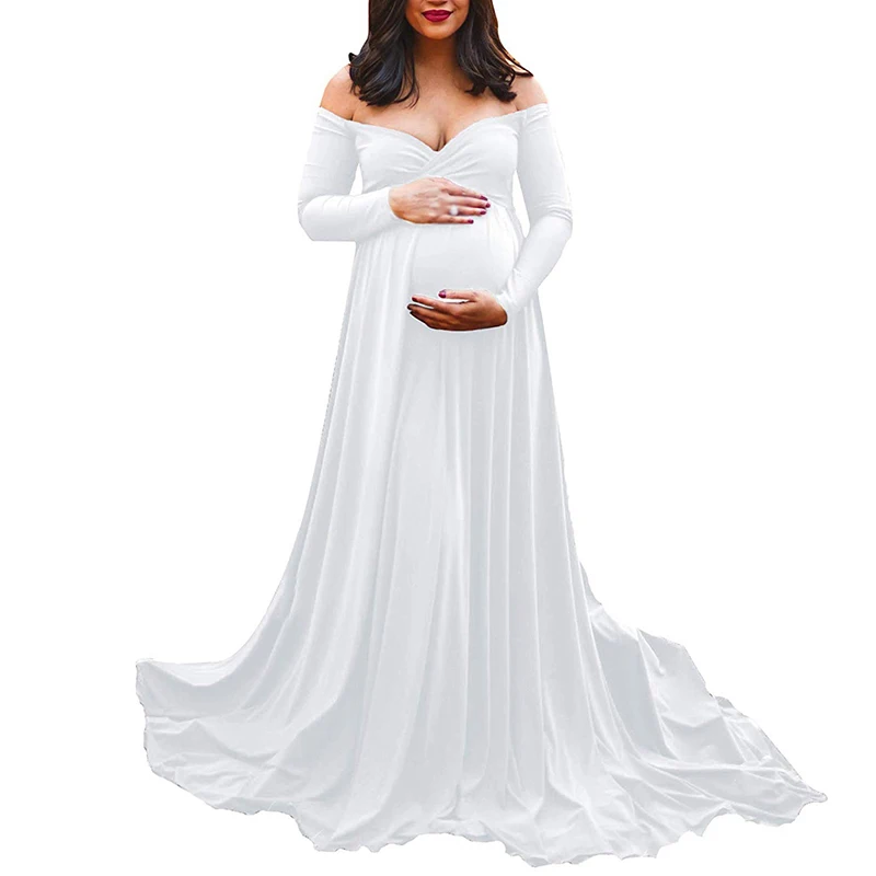

Elegant Dress Pregnant Women Maternity Solid Color Lace Long Sleeve Off Shoulder Photography Long Maxi Dress Vestidos
