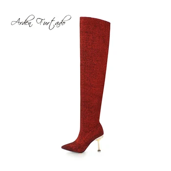 

Arden Furtado autumn winter zipper sexy stilettos ladies zipper pointed toe silver red gold sequined cloth over the knee boots