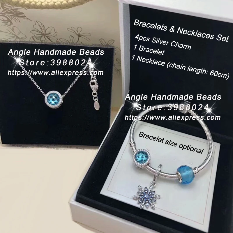 

6pcs Fashion Jewelry Set 925 Silver Ice Crystal Blue Series CZ Dangle Charm and Bracelet Necklaces Set Jewelry Making Woman Gift