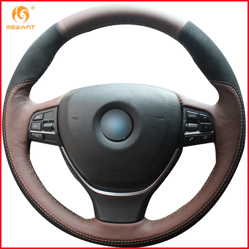 MEWANT Coffee Genuine Leather Black Suede Car Steering Wheel Cover for