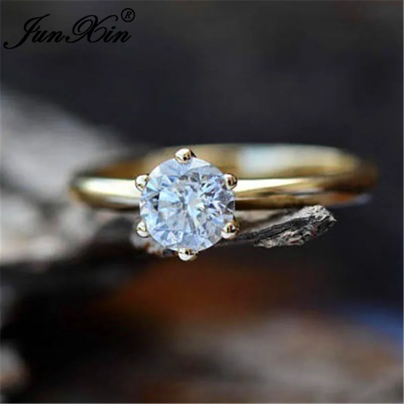 JUNXIN женский кристалл круглое кольцо серебро розовое золото цвет минималистский белый одиночный камень из циркона Обручальные Кольца тонкое кольцо ювелирные изделия