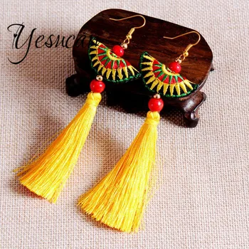 

Yesucan Ethnic Embroidery Pouch Tassel Bead Dangle Earrings Vintage Women Long Earrings Wholesale Fashion Jewelry Style Gift
