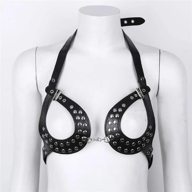 Women PU Leather Classic Black Open Cup Adjustable Wetlook Sexy Body Chain Harness Bra Belt with Buckles and Rivets