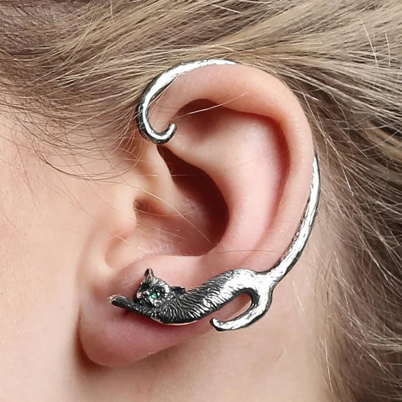 Цельные Позолоченные сережки с кошачьими ушками в стиле панк, черные сережки-гвоздики в стиле рок с животными, женские сережки - Окраска металла: 0080B left silver