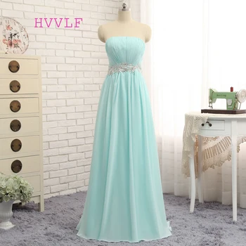 

HVVLF Turquoise Evening Dresses 2019 A-line Strapless Chiffon Beaded Backless Elegant Long Evening Gown Prom Dress Prom Gown