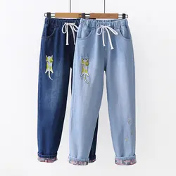 С рисунком вышивкой удобные с эластичной талией женские джинсовые Брюки-карго осень джинсы для девочек брюки