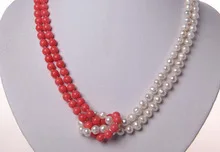 

Wonderful Lucky stunning 2rows 7mm round white freshwater pearls pink coral necklace Women wide fshipping