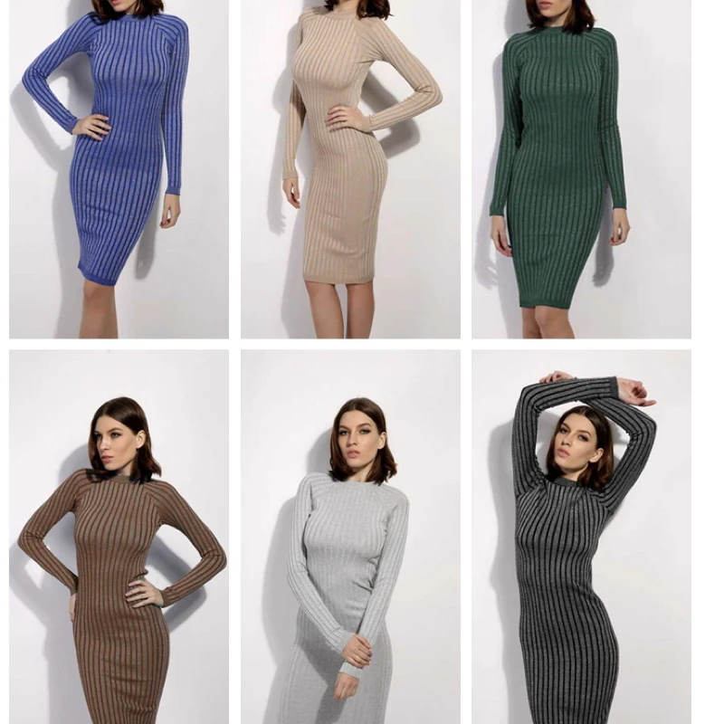 

2019 new Women ladies spring long-sleeved dress autumn sexy o-neck blue army green gray black knit dress