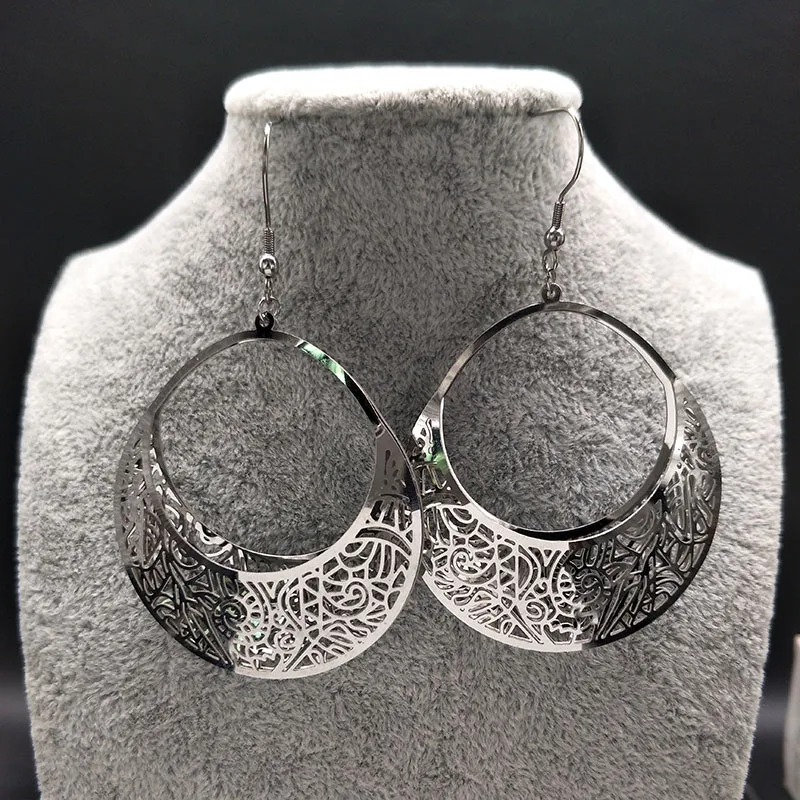 2020 Fashion Big Stainless Steel Drop Earrings for Women Jewelry Silver Color Flower Statement Earrings aretes largos E612333