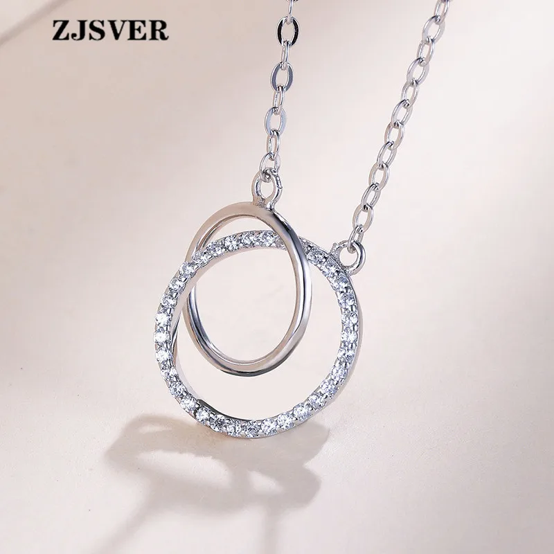

ZJSVER Geometric Double Circle Pendant Fashion Simple Silver Chain Women Necklace Fine Jewelry 925 Sterling Silver Necklace