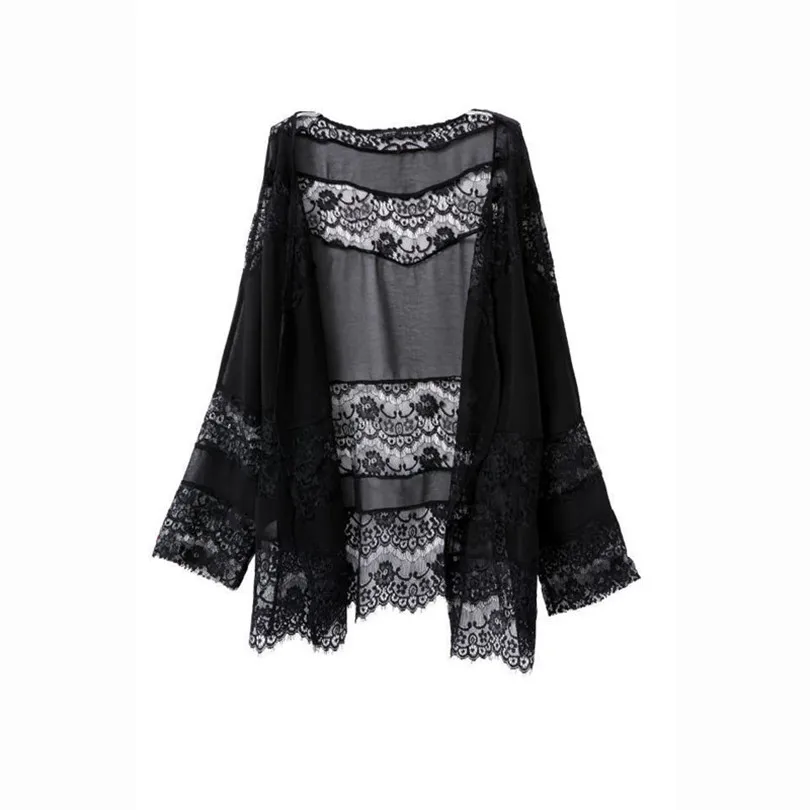Women Spring Summer Sexy Female Lace Splicing Hollow Chiffon Kimono Cardigan Blouse Coat Tops Shawl Cover up Blouse #4M21 (9)