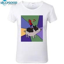 New Summer Fashion Funny Rooster on Pot-Bellied Pig Colorful Art T-Shirts Women Soft Cotton Printed White T Shirts Tops S1183