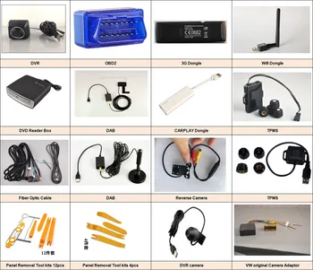 

Tools+OBD2 +3G dongle+ DAB receiver +wifi dongle +DVD reader +CARPLAY+USB DVR CAMERA + TPMS+optical fiber cable+ camera adaptor