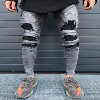 

HOT 2020 Fashion Casual Slim fit men's motorcycle knee ripped hole Distressed jeans men zipper torn jeans denim trousers