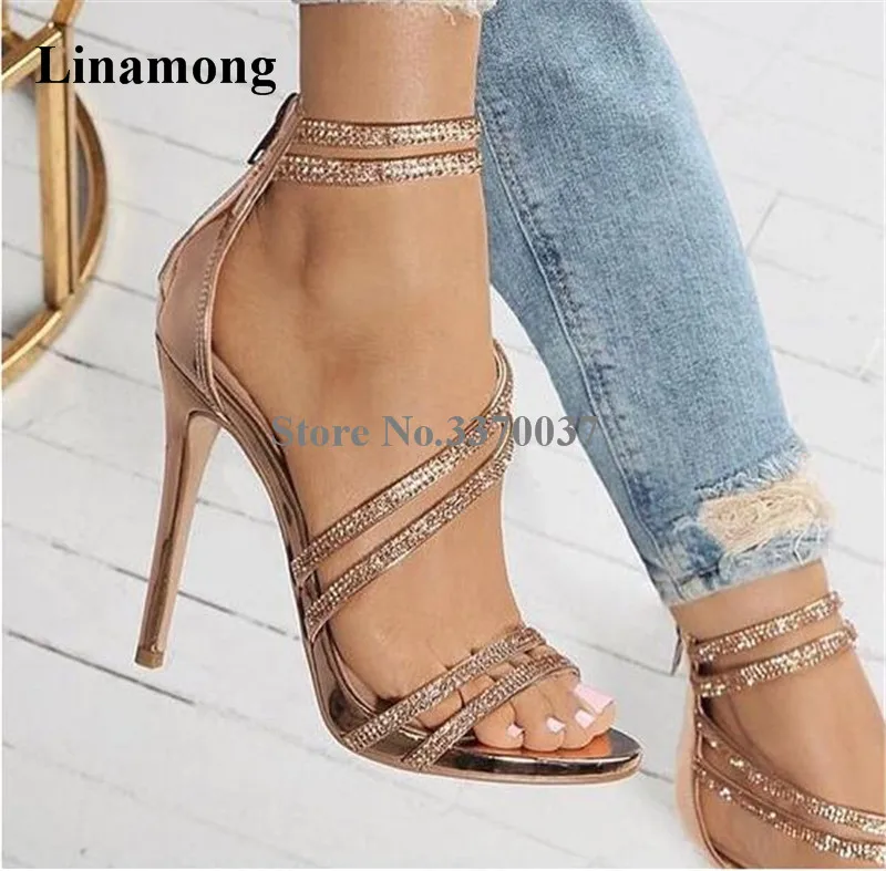 Women Luxury Open Toe Rhinestone Straps Cross Sandals Back Zipper up