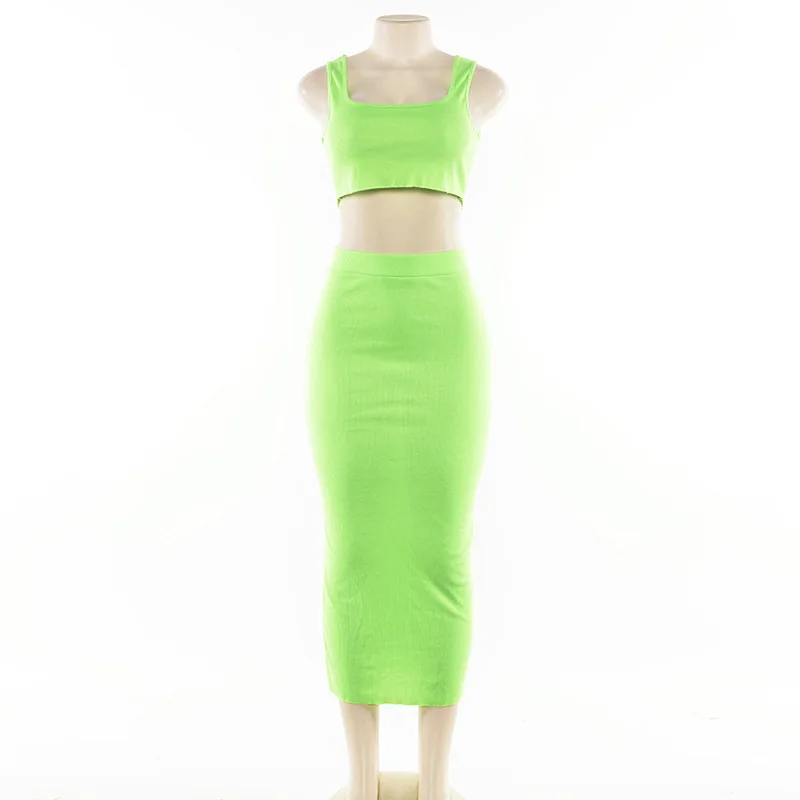 FHTEX сексуальный ребристый ТРИКОТАЖНЫЙ УКОРОЧЕННЫЙ топ и юбка с высокой талией, женский костюм, облегающая юбка-карандаш, комплект из 2 предметов, простая повседневная длинная юбка - Цвет: Зеленый