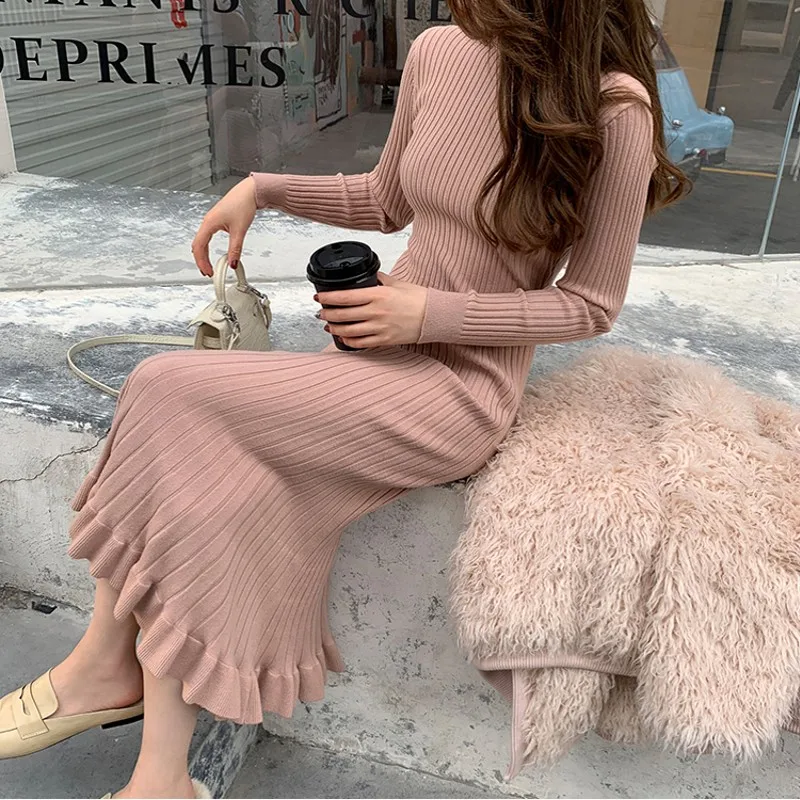 

2019 Autumn Winter Women Sweater Dress Mid-Calf Long Chic Female Dresses A-Line Soft Rib Knitted dresses