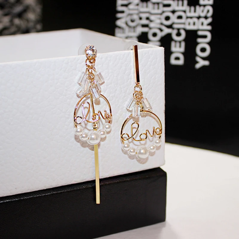 Doreen Box Rhinestone Asymmetric Stud Earrings Round Love Pendant Limited Pearl Beads Fashion Jewelry For Women Gift 1 Pair | Украшения и