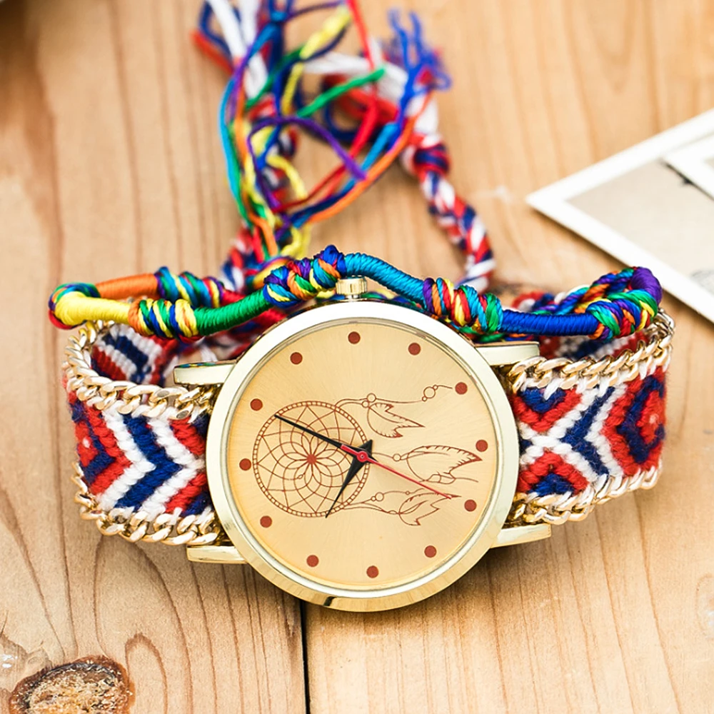 

Handmade Braided Dream catcher Bracelet Watch National Style Hand Woven Ladies Rope Watch Multi-color Band Fashion Watches