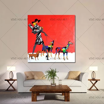 

Handmade Modern Oil Painting Beautiful Woman Oil Painting Cute Dogs Wall Art Home Decoration No Framed Home Decor Wall Paintings