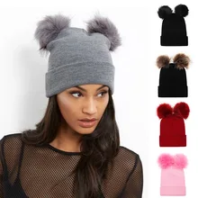 Женские помпон с искуственным мехом, шапки, женские теплые зимние шапки, вязаные шапочки для девочек, шапки с помпоном, Женская шляпка, Femme enfant