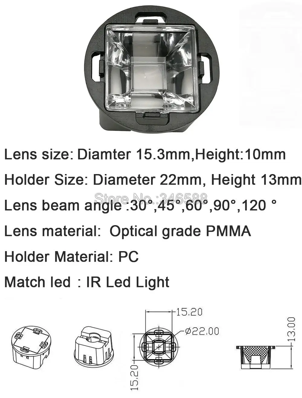 22 мм Ромб инфракрасный мониторинг ИК светодиодный объектив с черным держателем 30 45 60 90 120 градусов для 1 Вт 3 Вт 5 Вт высокой мощности 850нм 940нм светодиодный
