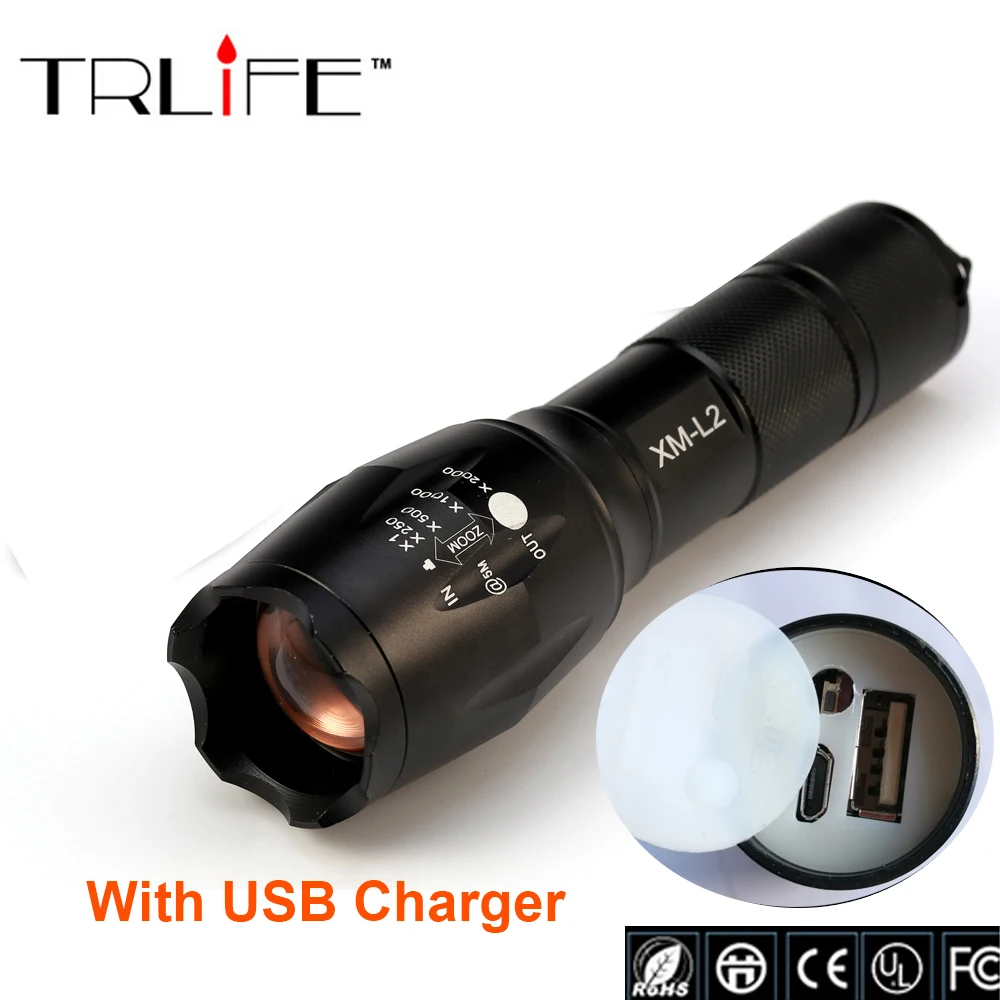 USB E17 8000 Lumens 3 Mode CREE XM L L2 LED Flashlight Lighting Zoomable Focus Torch