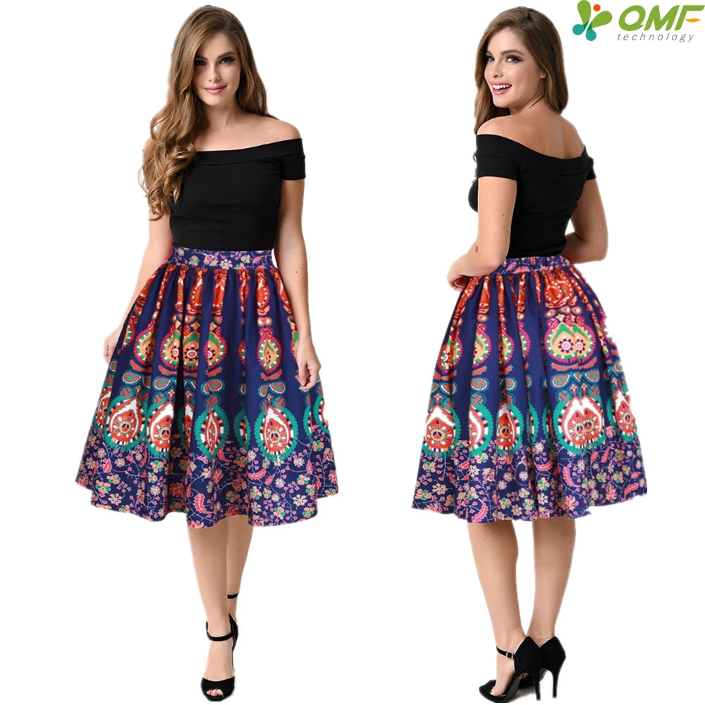 Navy Peacock Feather Women's Sports Skirt Flared High Waist Midi Tennis