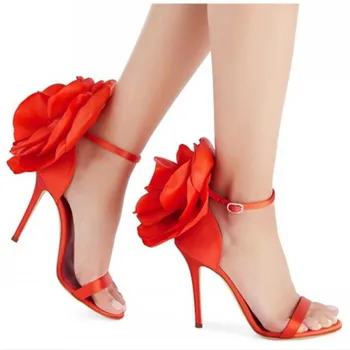 

JAWAKYE Sexy Satin flower decoration Women Sandals square toe thin heels Stilettos female new leather ankle strap sandals Woman